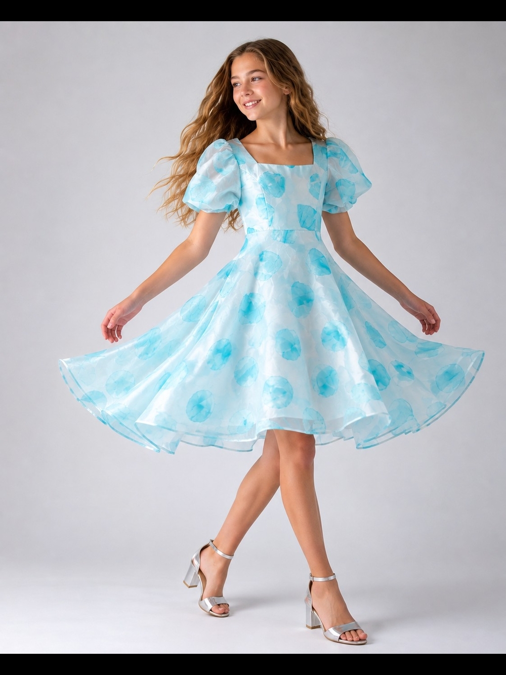 Aqua Watercolor Puff-Sleeve Square-Neck Fit & Flare Dress for Girls